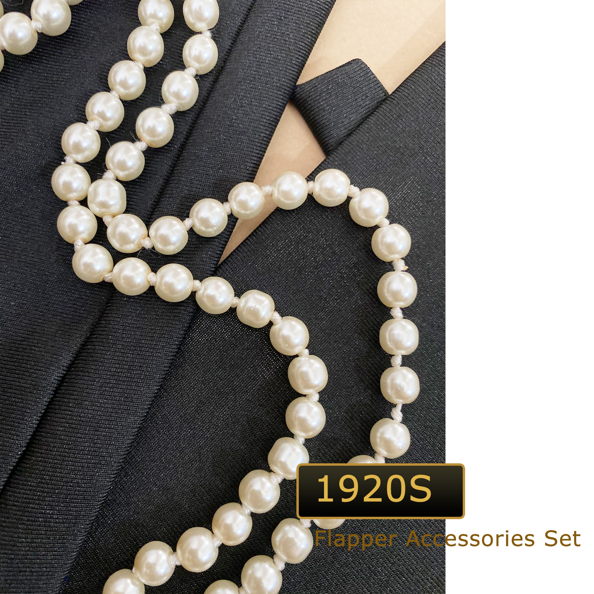 1920s Flapper Accessories Set Pearl Necklace Gloves Headband Vintage Style 5pcs 1920s Jazz Age Flapper Gatsby Sparkling Elegant Costume  main image 3