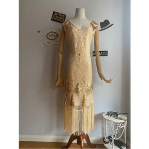 1920S Art Deco Gatsby Beaded Sequined Beige Gold Flapper Cocktail Dress/Poncho Vintage Roaing Wedding Bridal Flapper Dress