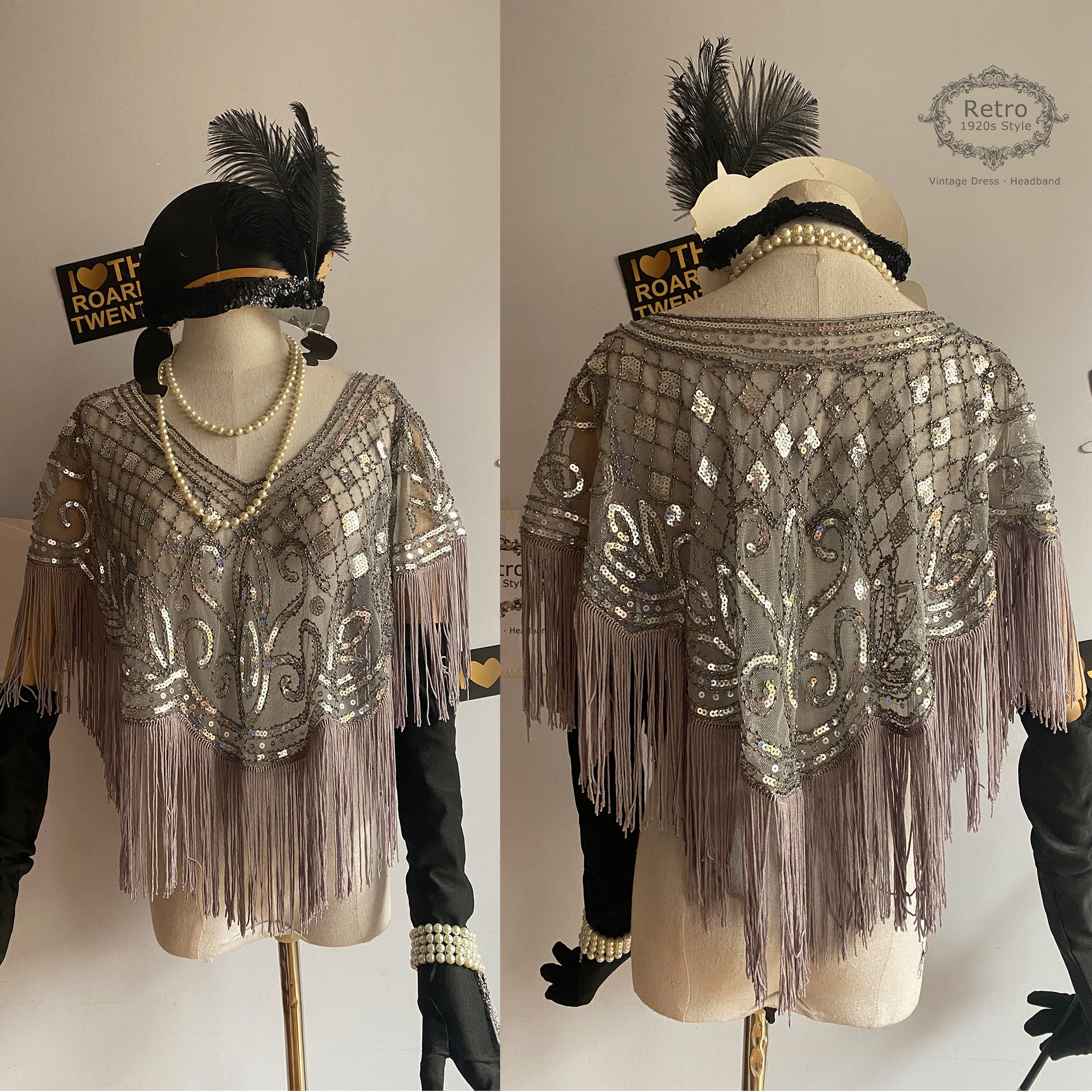 Windsfinr Scialle Gatsby anni '20 avvolge paillettes perline mantello da sera per festa Gatsby scialle da sposa donna mantello da sera flapper coprire, Rosso, Etichettalia unica