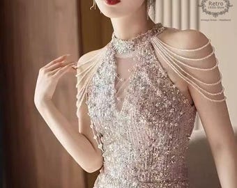 1920S Sequin Mermaid Evening Gown,  Pearl Halter Prom Dress, Chain Shoulder Formal Party Dress, Sparkly Pageant Wedding Guest Maxi Dress