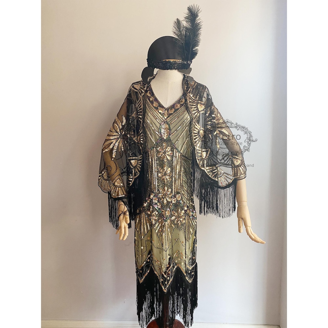 gold flapper dress costume Gold 1920s Flapper Dress with Shawl, Sequin Beaded Gatsby Costume