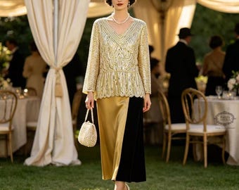 1920s Vintage Beige Gold  Sequin Lace Back Blouse Flapper Style Sheer Long Sleeve Top
