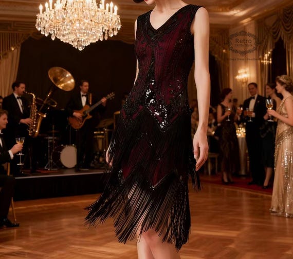 FAIRY COUPLE 1920s Flapper Dress With Sequins & Tassel Hem - Burgundy & Black Gatsby Party Costume