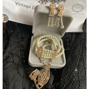 Joias de casamento VINTAGE dos anos 1920, deslumbrante pulseira com várias voltas / Conjunto de pulseira e anel de pérolas de vidro do Grande Gatsby, presente