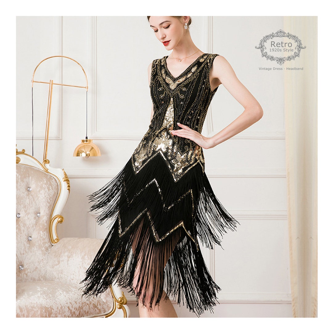 1920s Art Deco Charleston Downton Abbey Fringed Sequin Dress Roaring ...