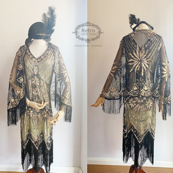 3 pièces S-4XL rugissant années 1920 femmes Gatsby Costume robe à clapet robe à franges paillettes perlées robe brodée et châle (1 robe, 1 châle, 1 bandeau)