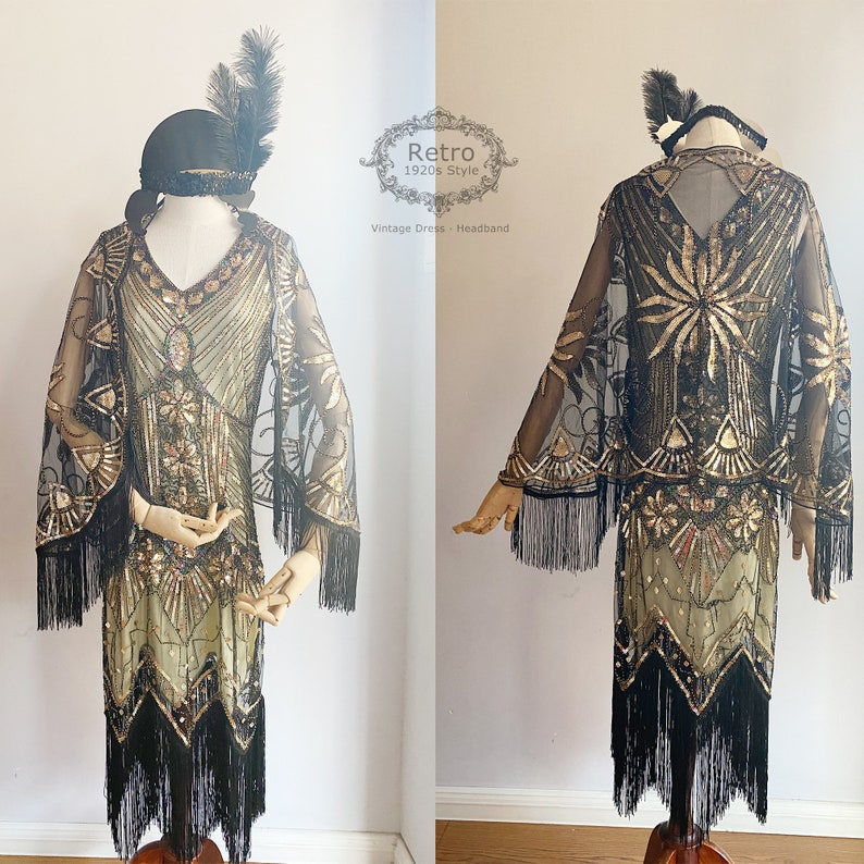 Plus Size Vintage Dresses | Retro Plus Size Dresses     3PC S-4XL Roaing 1920s Women Gatsby Costume Flapper Dress Fringed Dress Sequins beaded Embroidered Gown & Shawl(1 Dress 1 Shawl1 Headband)  AT vintagedancer.com