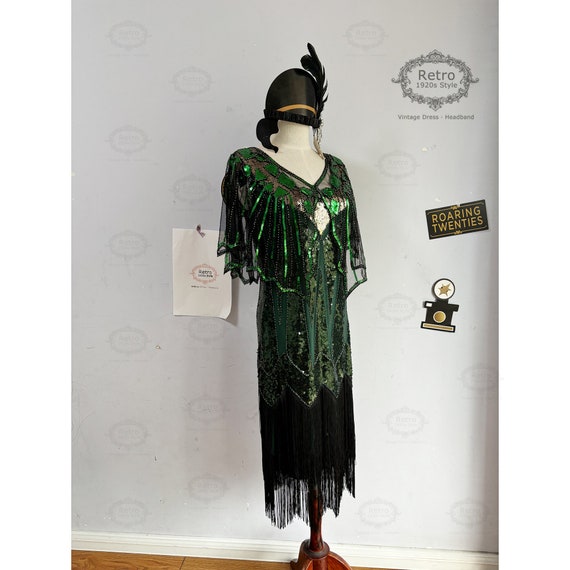 Abito da donna anni '20, stile Gatsby con paillettes, frange, kit per travestimenti ruggenti anni '20, con vestito da cocktail party, fascia, guanti, collana, braccialetto, collant a rete, orecchini