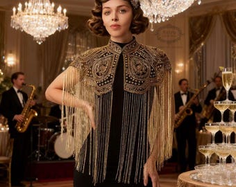 1920s Art Deco Sequin Beaded Capelet: Flapper Bridal Cover-Up