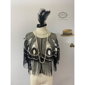 1920s Art Deco Gatsby Sequin Beaded Sheer Capelet/Roaing Vintage Shrug Shawl/Bolero Flapper Wedding Bridal Cover Up/Black Silver