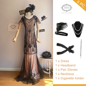 5PC Formal Evening Long Flapper Dress 1920s Gatsby Charleston Downton Sequin Mermaid Dress For Party 20s Bridal Wedding Dress(S-2XL)