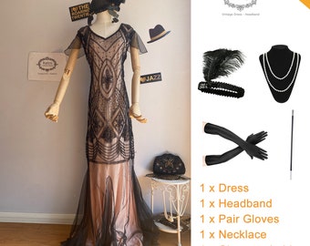 5PC Formal Evening Long Flapper Dress 1920s Gatsby Charleston Downton Sequin Mermaid Dress For Party 20s Bridal Wedding Dress(S-2XL)