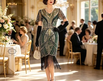 1920s Flapper Beaded Maxi Dress | Art Deco Great Gatsby Vintage Evening Gown Black Sparkly Fringe Party Dress