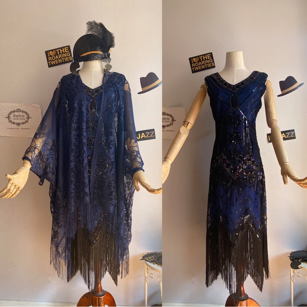 S-4XL Années 1920 Costume Gatsby pour femmes Robes à clapet Col en V Robe à franges Paillettes perlées Robe brodée et pardessus/Couverture/Manteau écharpe