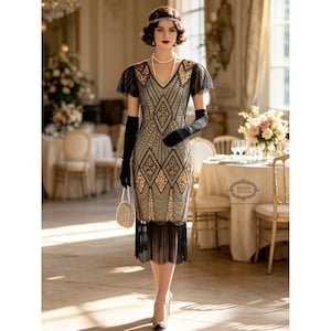 May include: A knee-length dress featuring a beige base with black and gold geometric sequin patterns, short sheer sleeves, and a black fringe hem. The dress is paired with black elbow-length gloves, a pearl headband, and a small beaded handbag.