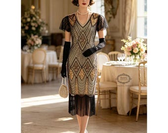 1920s Gatsby Flapper Dress: Beaded Sequin Embroidered Evening Gown