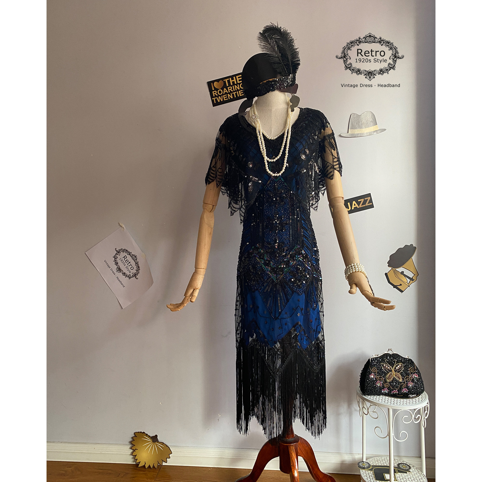 Blue Sequin Flapper Dress  1920s Gatsby Gown, Capelet & Headband - Etsy