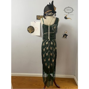 Frauen Vintage 20er Jahre Fransen Perlen Cocktailkleid Floary Flapper Kleid mit Ärmeln Gatsby Party (1 Kleid, 1 Halskette)