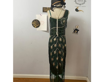 Vestido de cóctel vintage de los años 20 para mujer con flecos y abalorios, estilo flapper floral con mangas, ideal para fiestas al estilo Gatsby (1 vestido, 1 collar).