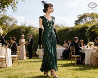 May include: A woman in a green sequined flapper dress with a V-neck and cap sleeves, accessorized with a pearl necklace, black gloves, and a beaded purse. She wears a feathered headband and stands outdoors at a garden party.