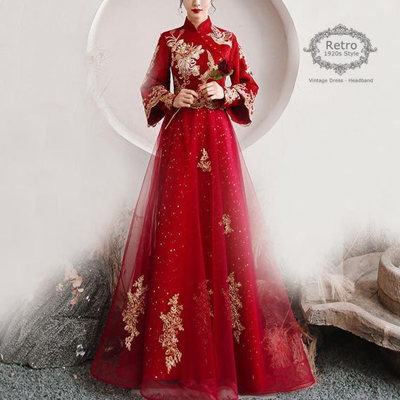 open lace back dress Red Sequin Lace Prom Dress with Slit, Ruffled Off-The-Shoulder Evening Dress main image 1