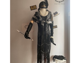 1920s Flapper Dress With Accessories Set - Gatsby Party Costume, Beaded Fringed Black Dress - View #3