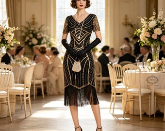 1920s Gatsby Flapper Dress: Sequined & Beaded Wedding Evening Prom Gown
