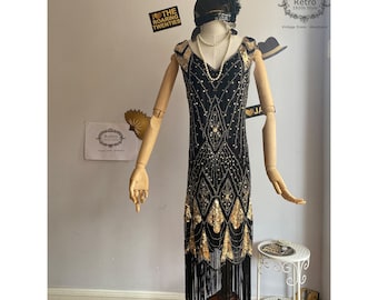 Women Vintage 1920s Gold Fringe Sequined Beaded Cocktail Dress Floary Flapper Dress Gatsby Party ( 1 Dress ,1 Necklace,Headband)