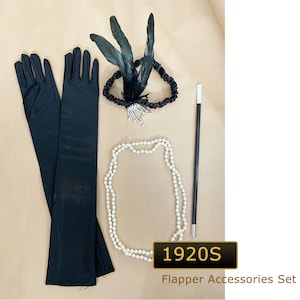 1920s Flapper Gatsby Costume Accessories Set 20s Flapper Headband Pearl Necklace Gloves Cigarette Holder