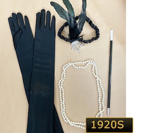 1920s Flapper Gatsby Costume Accessories Set 20s Flapper Headband Pearl Necklace Gloves Cigarette Holder