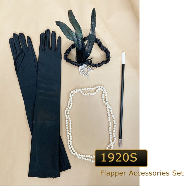 1920er Flapper Gatsby Kostüm Zubehör Set 20er Jahre Flapper Stirnband Perlenkette Handschuhe Zigarettenspitze