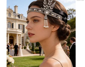 1920s Art Deco Beaded Headband: Gatsby Pearl Tassel Wedding Headpiece