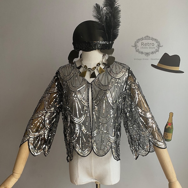 1920s Sequin Shawl Wraps Gatsby Beaded Bridal Evening Cape / Flapper Bolero Shrug / Sequins Bolero Jacket