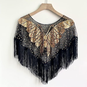 1920s Sequin Butterfly Shawl: Gatsby Beaded Fringe Capelet