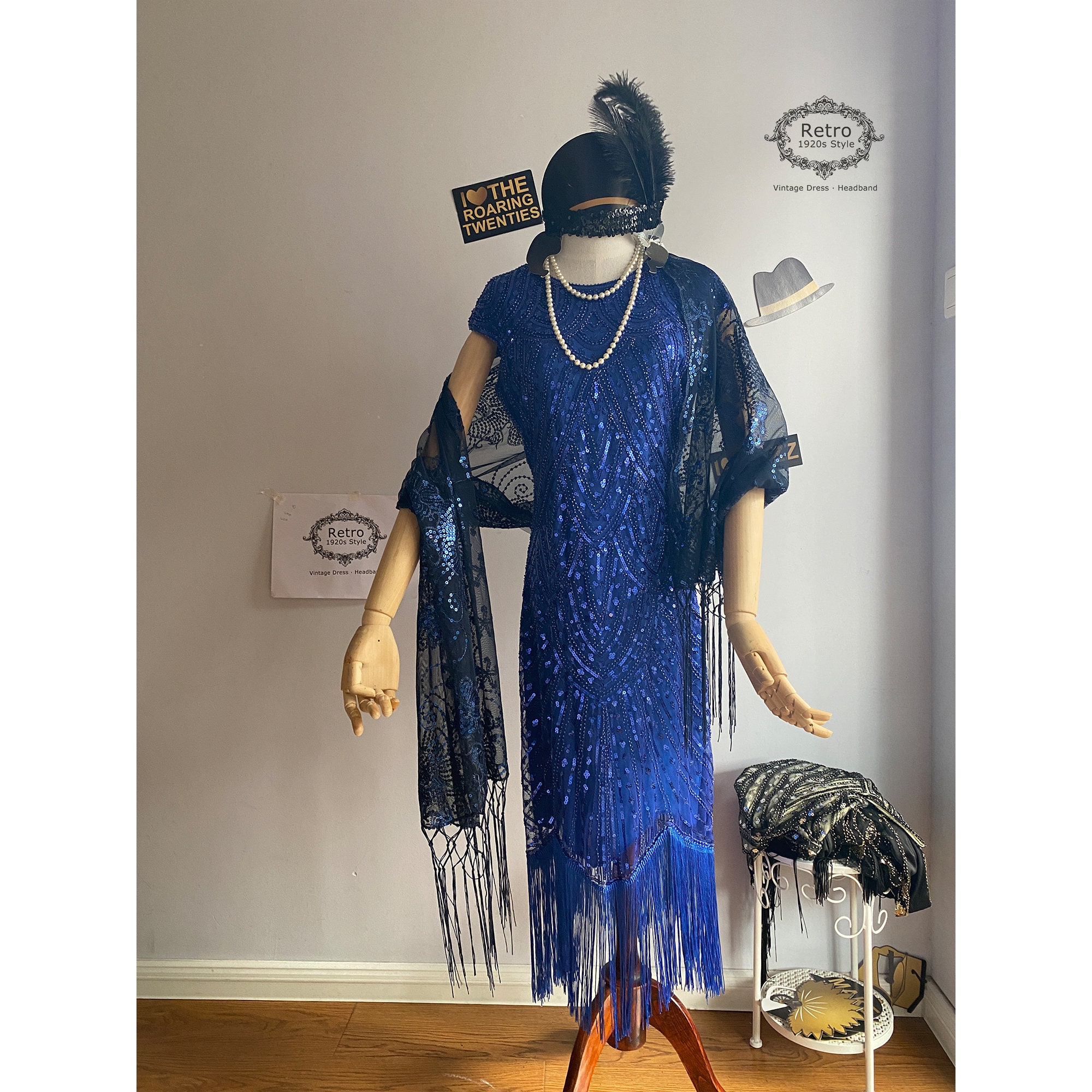 Bleu années 1920 Femmes Gatsby Costume Flapper Robes FrangéEs Paillettes  Perlée Robe Brodée & Bleu Marine Châle / Bandeau -  France