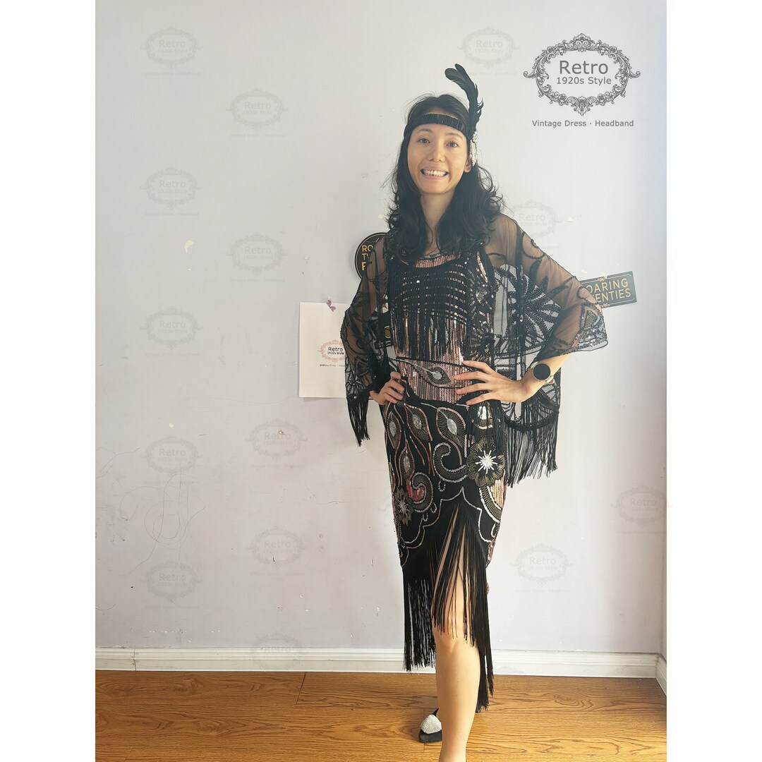 Sequin Flapper Dress With Shawl Headband, 1920s Gatsby
