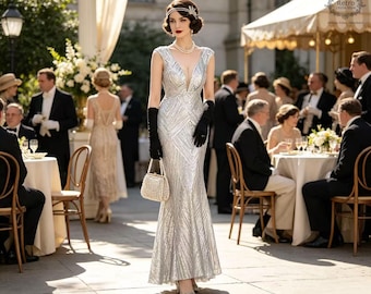May include: A floor-length silver sequined gown with a V-neckline, paired with black elbow-length gloves, a pearl-embellished handbag, and a jeweled headpiece. The dress features a geometric pattern and a fitted silhouette that flares at the hem.