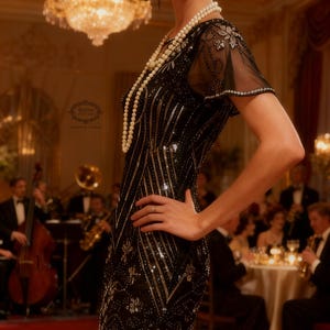 May include: A black knee-length dress featuring intricate silver sequin and bead embellishments in geometric and floral patterns, short sheer sleeves, and a fringed hemline, paired with a pearl necklace and a feathered headpiece.