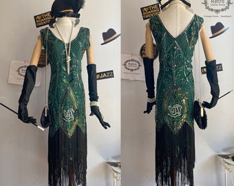 Vert 20s Roaring Deco Gatsby Costume Flapper Robe Florl Fringed Bridesmaid Robe de mariée Sequin perlé Brodé Charleston Downton Robe