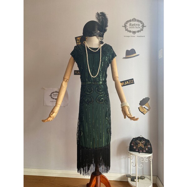 1920s Art Déco Fringed Sequin Dress 20s Flapper Gatsby Costume Dress / Flapper Dress 1920 Great Gatsby Themed Roaring 20s Robes