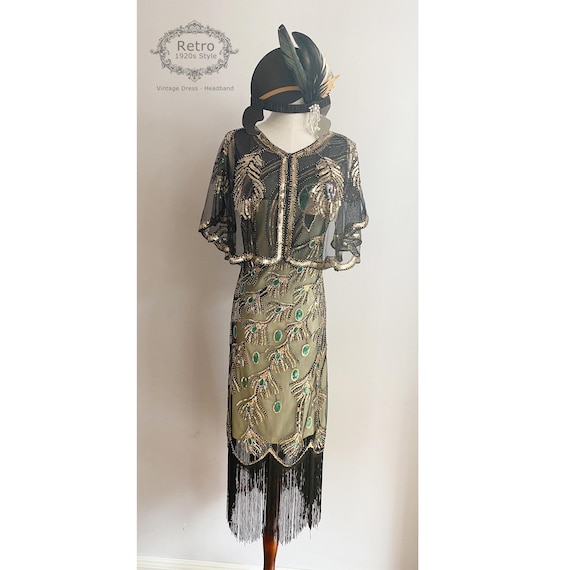 1920s Vintage Gatsby Beaded Sequins Peacock Flapper Dress