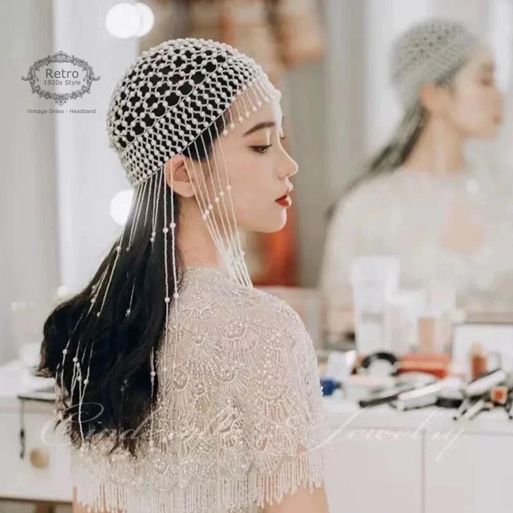 ROARING 20s BEADED CAP w LONG BEAD FRINGE + BEADED HEADBAND for FLAPPER COSTUMES Come dressed to the nines in your finest 1920s threads! They  main image 2