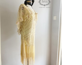 1920s Vintage Gatsby Sequinned-Overlay Beaded Scalloped Flapper Fringed Dress Cape Wedding Dress bridal Shrug (1 Dress, 1 Shawl,1 Headband)