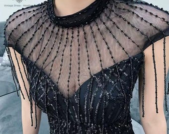 Beaded Flapper Dress, 1920s Vintage Style, Art Deco Gown Beaded Trim Formal Maxi Dress, Sparkly Wedding  Sequin Mermaid Evening Gown