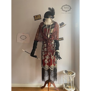 Sequins  Peacock Musical Show Red Dress Fringed Dress 1920s Gatsby Costume Flapper beaded Embroidered Wedding Party Gown & Long Shawl S-3XL