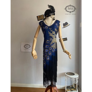 1920s Vintage Gatsby Beaded Sequins Peacock Flapper Dress Roaring Wedding Bridal  Evening/Blue Cocktail Party Gown