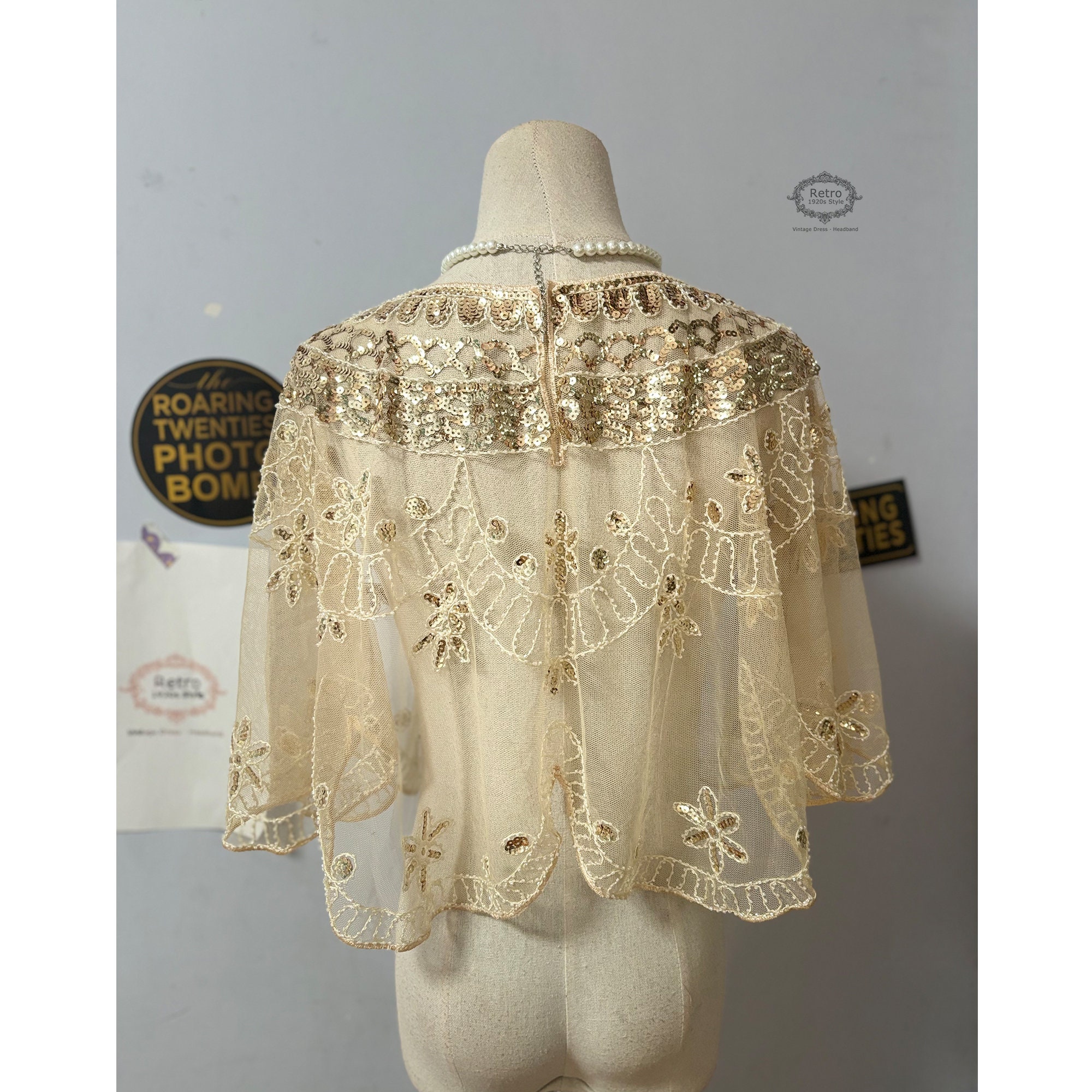 1920er Jahre Art Deco Gatsby Pailletten Perlen durchsichtiges Cape/Roaing Vintage Shrug Schal/Bolero Flapper Hochzeit Braut Cover Up/Schwarz Silber