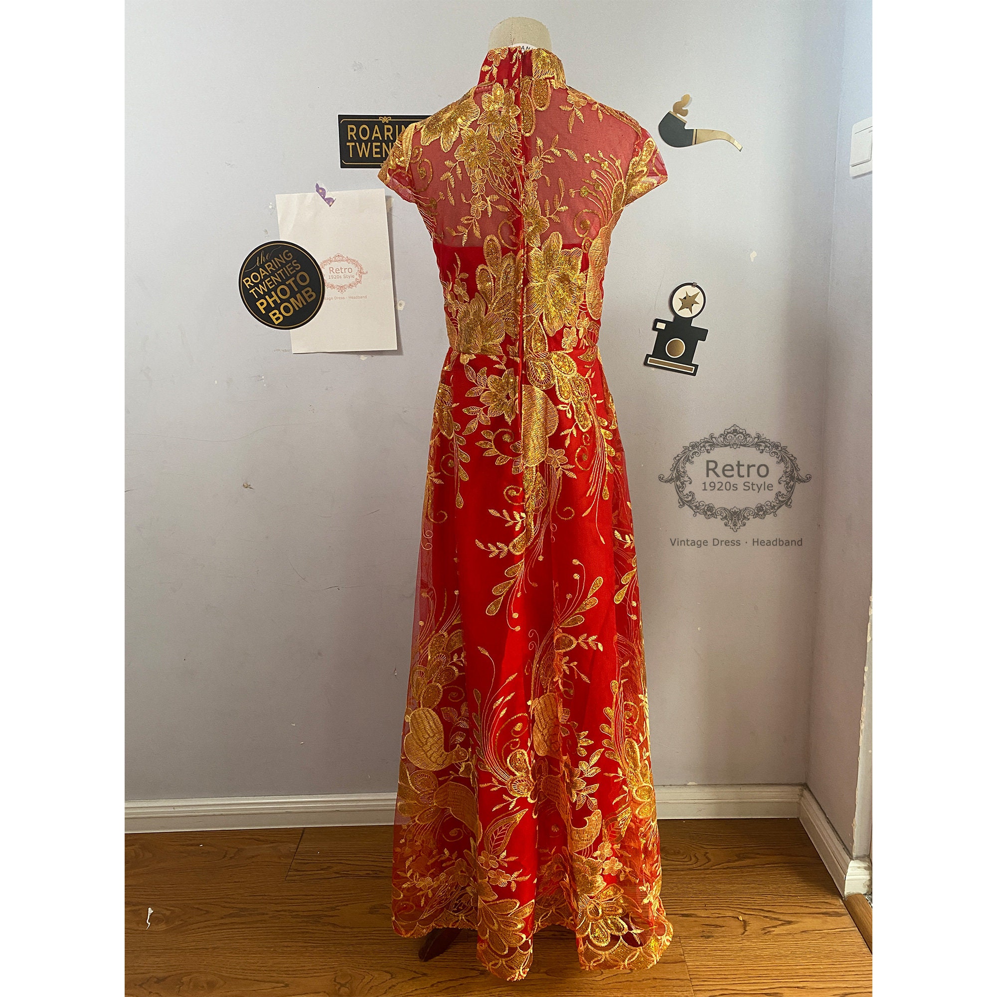 Red Gold Qipao Wedding Dress,,Sequins Bridal Dress,Bridal Gown,Chinese Wedding Dress,Red Cheongsam Dress, Embroidered Bridal Dress,Prom Gown