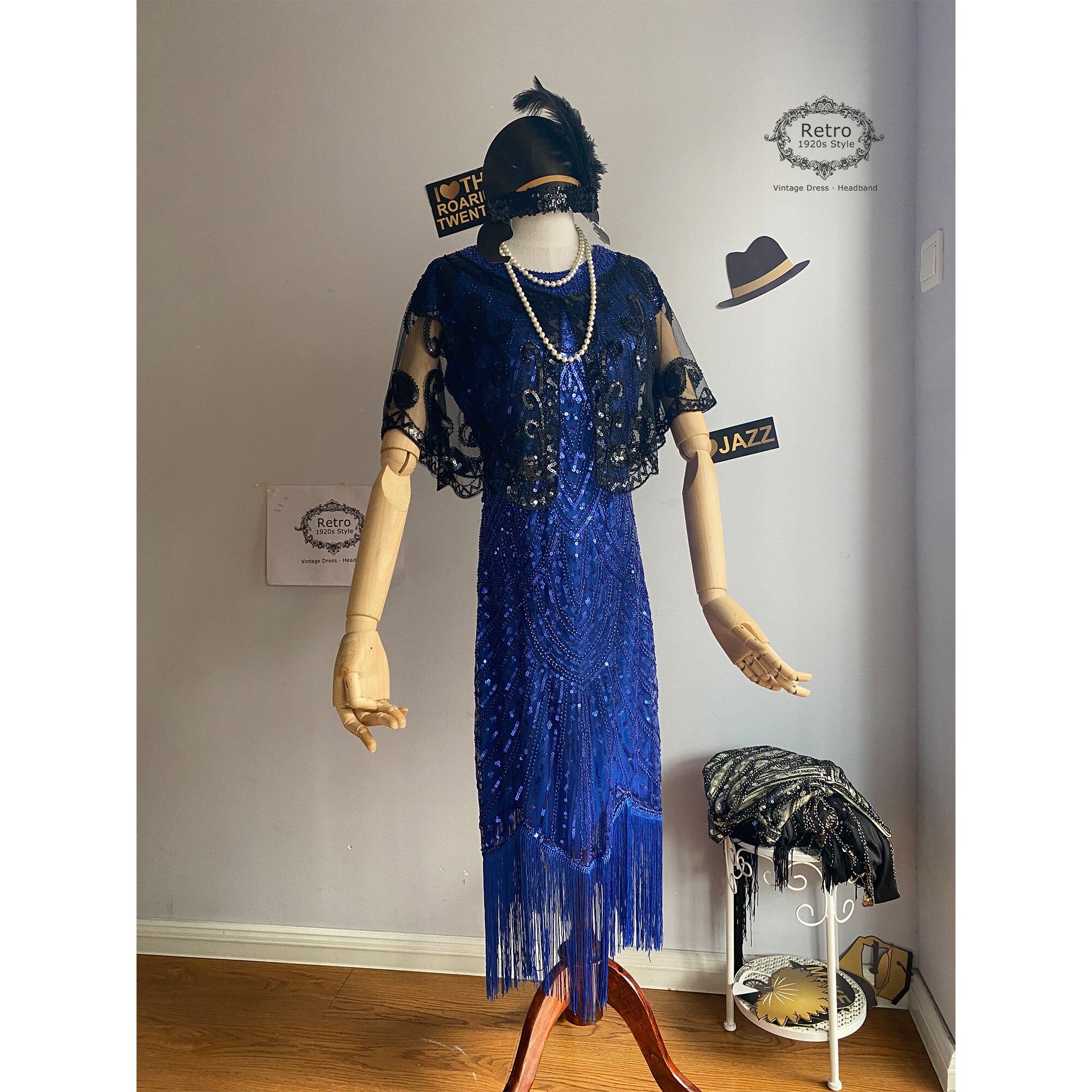Plus Size 1920s Flapper Dress: Sequined, Beaded Gown & Capelet