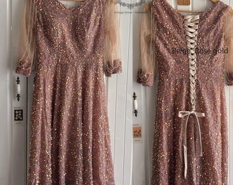 1920s Sequin Evening Gown, Rose Gold Lace-Up Back, Gatsby Wedding